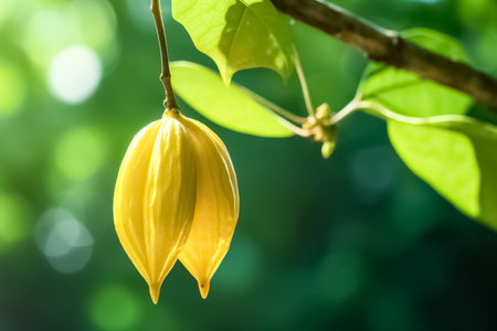 Exotic Star fruit ( carambola ) hanging on a tree, plantation in sunset light.の素材