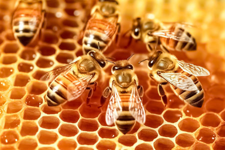 Close up of bees in a beehive on honeycomb. A honeycomb close up, a honey bee colony. organic beekeeping.の素材