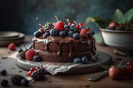 Freshly made delicious chocolate cake decorated with berries. generative aiの素材