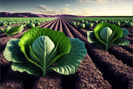 Cabbage plantations grow in the field. Background with a field of cabbage plantations, background, spring background. Cabbage on vegetable garden. generative AIの素材