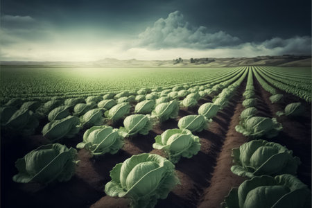 Cabbage plantations grow in the field, spring background. Cabbage plantations grow in the field. vegetable rows. generative AIの素材