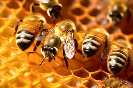 Close up view of the working bees on honey cells. Work of the bees in hive.の素材