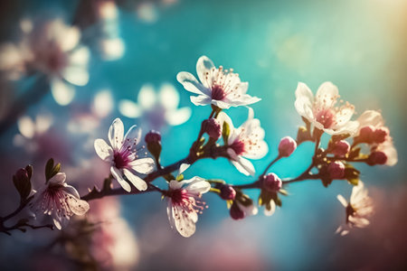 Branches of blossoming cherry against background of blue sky. Pink sakura flowers. Beautiful blurred spring background. spring flowers. generative AIの素材