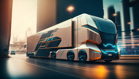 Future of autonomus cargo transportation truck. Autonomous driving technology. Business logistic import export and transport industry. global business. generative AIの素材