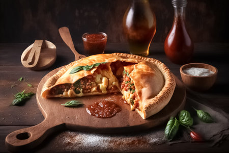 Hot calzone pizza on a wooden tray on a dark black background. Italian food. Delicious traditional food. generative aiの素材