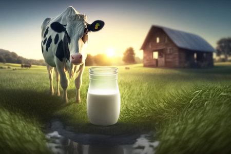 Close up of milk and cow. Farmers milk. Classic glass milk bottle. farmland. Romantic rural landscape in sunny day. Jug of milk against herd of cows. generative AIの素材