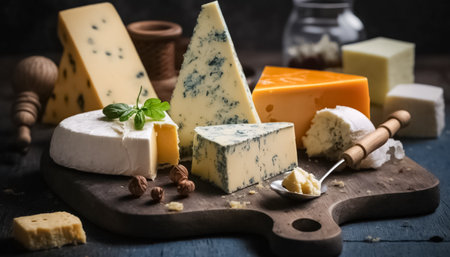 Different kinds of delicious cheese with nuts on wood board. Cheese background. Variety of cheese on dark background. generative AIの素材