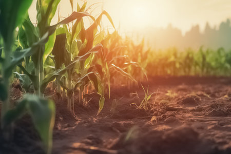 Green corn field in the sunset. The agricultural land of a green corn farm. High corn crops on a row. generative aiの素材