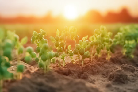Young chick-pea pods in chickpea plant. Chickpeas ripening in the field. Chickpeas pod with green young plants in the field. generative aiの素材