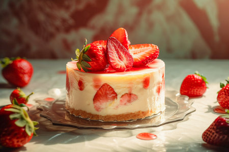 Cold cheesecake with fresh strawberries and strawberry jelly. Recipe of healthy organic dessert, cheesecake.の素材