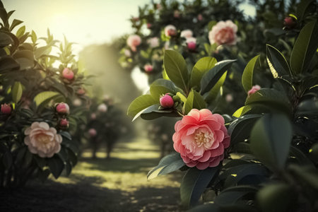 Country garden with flowering camellia trees. generative AIの素材