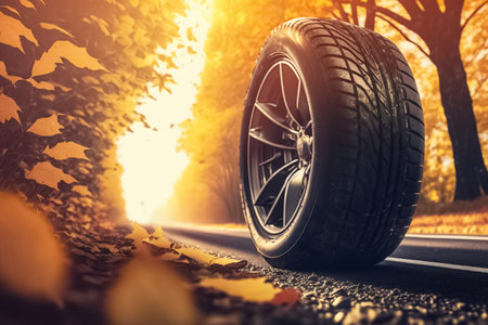 Car wheel on asphalt. Replacement of winter and summer tires. generative aiの素材