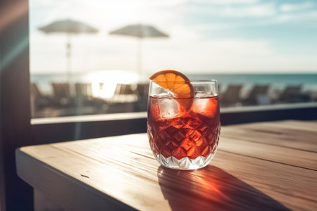 Refreshing Negroni Cocktail dry gin, red vermouth and red bitter, cold drink or beverage with ice on wood table in front of blue sky on summer sea.の素材