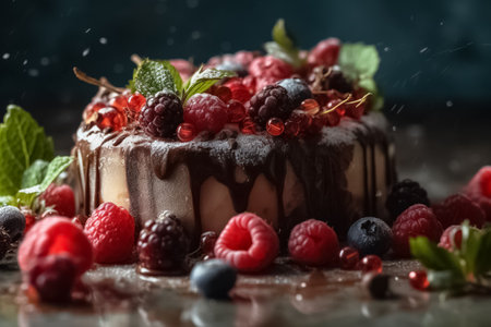 Cake covered with berries of raspberry strawberry doused with chocolate. generative aiの素材