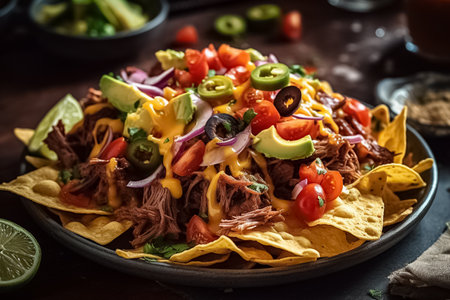 Corn chips nachos with fried minced meat and guacamole and salsa. generative aiの素材
