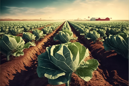 Background with a field of cabbage plantations, background, spring background. Cabbage plantations grow in the field. vegetable rows. generative AIの素材