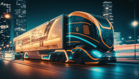 Future of autonomus cargo transportation truck. Autonomous driving technology. Business logistic import export and transport industry. global business. generative AIの素材