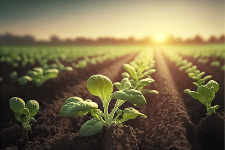 Background of young cabbage plantations grow in the field. vegetable rows. generative AIの素材
