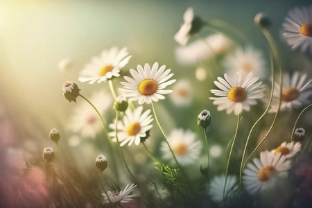 Field of blooming chamomile flowers in the grass in the sun. bokeh effect. Springtime, summertime. Spring or summer nature scene with blooming daisies nature on a sunny day. aiの素材