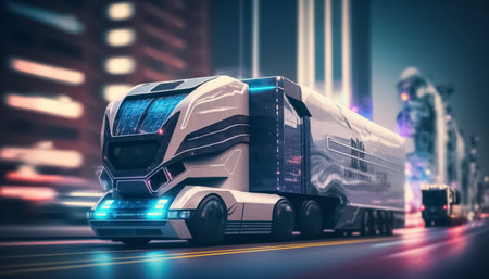 Future of autonomus cargo transportation truck. Autonomous driving technology. Business logistic import export and transport industry. global business. generative AIの素材