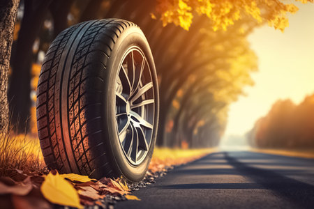 Wheel with modern alu rim with a great profile on asphalt. Replacement of winter and summer tires. generative aiの素材