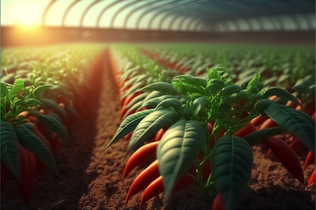 Background with a field of chili pepper plantations, growing chili peppers in a greenhouse background. generative AIの素材