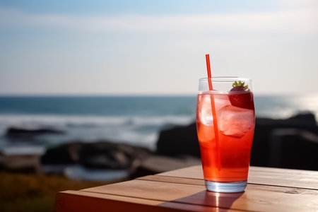 Fresh strawberry cocktail on wood table. Tropic summer holidays. Exotic drinks on blur tropical beach background. generative aiの素材
