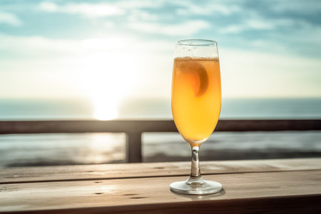 Refreshing Orange Juice Mimosa Cocktail, cold drink or beverage with ice on wood table in front of blue sky on summer sea.の素材