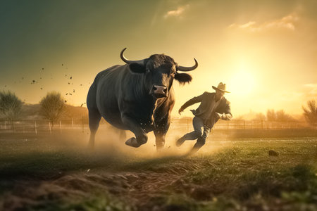 The cowboy runs away from the bull. generative aiの素材