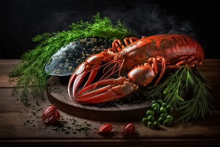 Crayfish and crab with parsley on wooden board. generative AIの素材