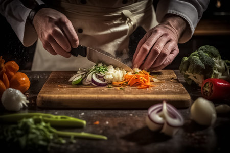 The chef slicing vegetables. Chef cutting in the kitchen with fresh vegetables. generative AIの素材