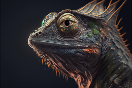 Close up of a beautiful brightly colored chameleon. endemic chameleon. Chameleon looking away. generative AIの素材