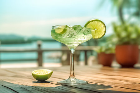 Refreshing Alcohol cocktail Margarita cocktail with ice on wood table in front of blue sky on summer sea.の素材