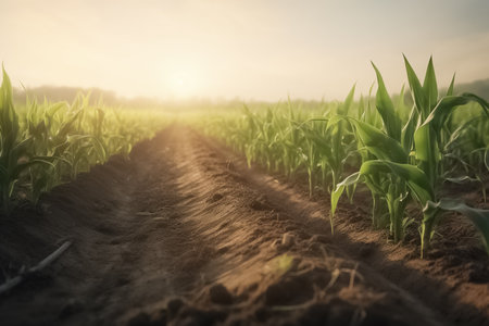 Green corn maize field in early stage. Organic maize farm or corn field seeding and plantign agriculture. generative aiの素材