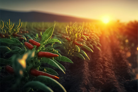Red chili pepper farming. Spicy condiment. Background with a field of chili pepper plantations. generative AIの素材