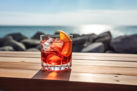 Refreshing Negroni Cocktail dry gin, red vermouth and red bitter, cold drink or beverage with ice on wood table in front of blue sky on summer sea.の素材