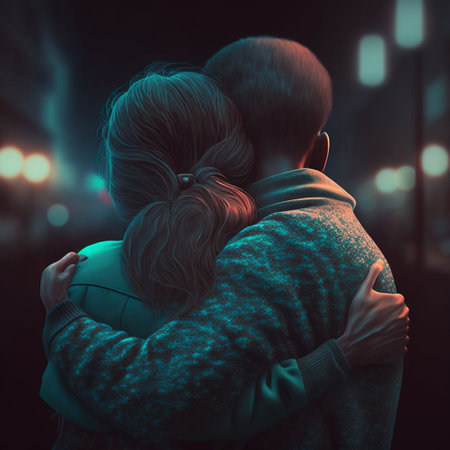 A couple in love are hugging night. A man hugs a young woman standing behind her. view from the back. generative AIの素材