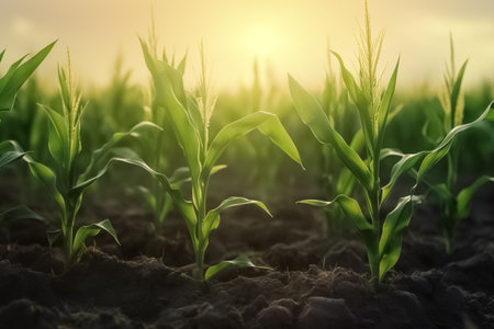 Green corn maize field in early stage. Sweet corn close up garden farmland, field in countryside plantation. generative aiの素材