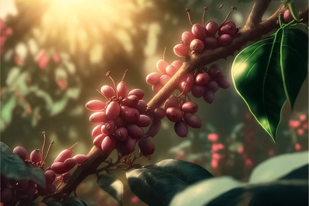 Red Cherry coffee beans on the branch of coffee plant. picking coffee. generative AIの素材
