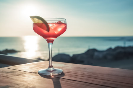 Refreshing Alcohol cocktail cosmopolitan, cold drink or beverage with ice on wood table in front of blue sky on summer sea.の素材