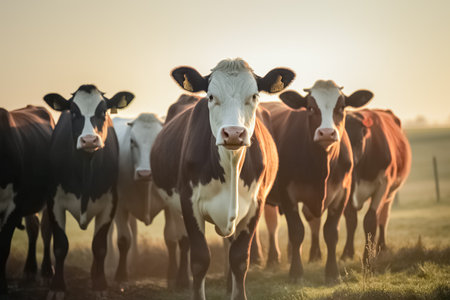 Herd of cows in the pasture. Farm animal, cows and cattle in the countryside. sustainable farming. generative aiの素材