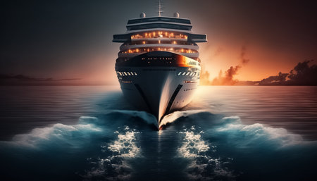 Cruise ship liner goes the blue sea leaving, is seen in front of big waves on sea. Concept of sea travel, cruises, vacation, tourism, vacation time. generative aiの素材