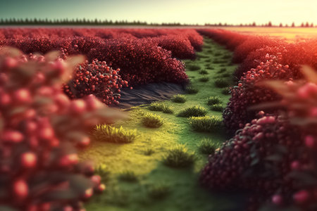 Reb cowberries growing on green brunches. Field of a Low Bush Cranberry on field. generative AIの素材