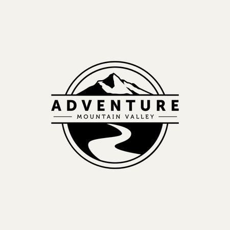 mountain and river logo badge vector design illustration template. wild live adventure vintage badge logo.のイラスト素材