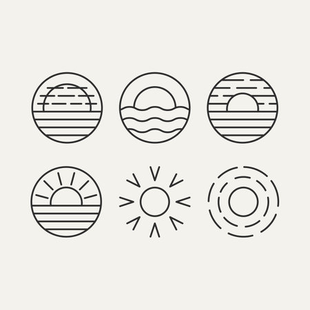 set of sun minimalist line art logo icon template vector illustration design. simple modern travel, vacation, holiday bundle logo conceptのイラスト素材