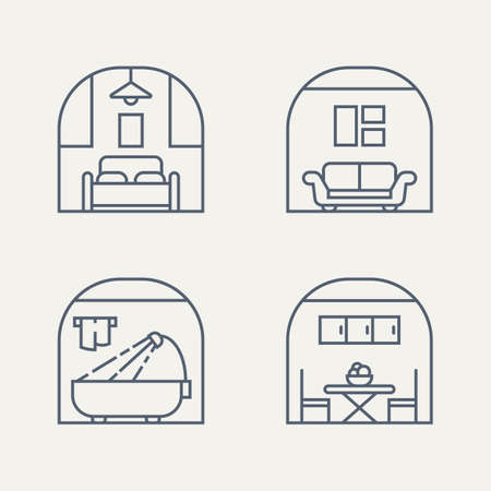 set of furniture bedroom, living room, bathroom, dining room minimalist line art badge logo icon design. simple modern decoration, architecture, interior, restaurant emblem bundle logo conceptのイラスト素材