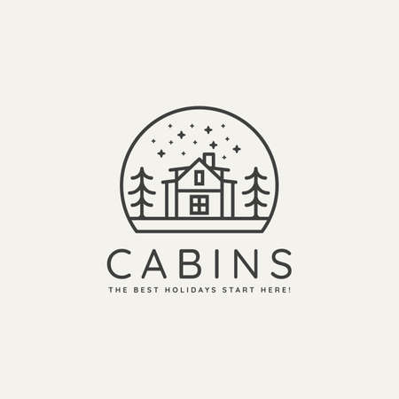winter hotel cabin minimalist line art badge logo template vector illustration design. simple minimalist cottage, lodge, housing emblem logo icon conceptのイラスト素材