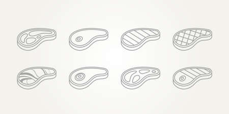 set of raw meat and grilled beef steak line art icons template vector illustration design. simple barbecue or butcher shop bundle icon logo concept inspirationのイラスト素材