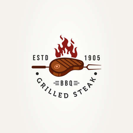 grilled beef steak with fork and fire flame badge logo template vector illustration design. vintage classic butcher, steak house and restaurant emblem logo concept inspirationのイラスト素材