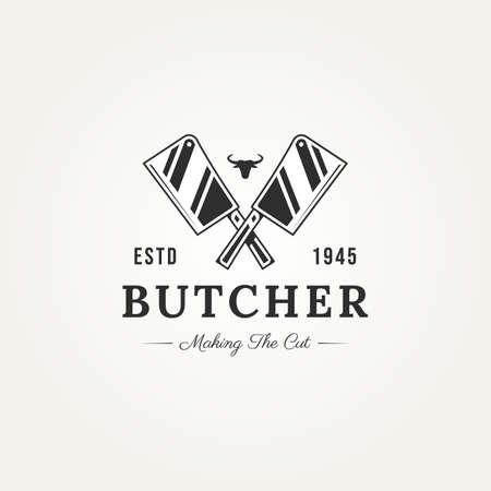 vintage butcher shop with cross cleaver knife and bull head badge logo template vector illustration design. retro classic typography steak house, farm and restaurant emblem logo conceptのイラスト素材